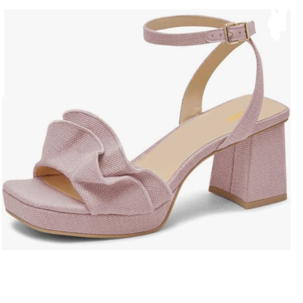 Pazzion Pink Platform Square Toe Pleated Ruffle Sandal Block High Heel Shoes